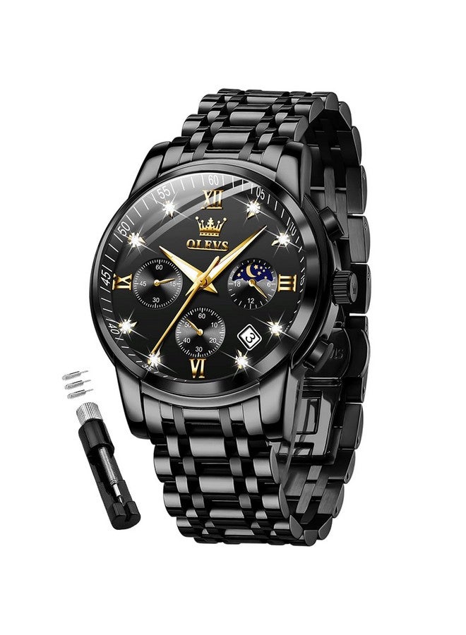أوليفز ساعة OLEVS للرجال كرونوغراف ألماس كوارتز أسود بتقويم تاريخ ومرحلة القمر فاخرة من الفولاذ المقاوم للصدأ بلونين ومقاومة للماء وساعة عمل مضيئة - Image 1