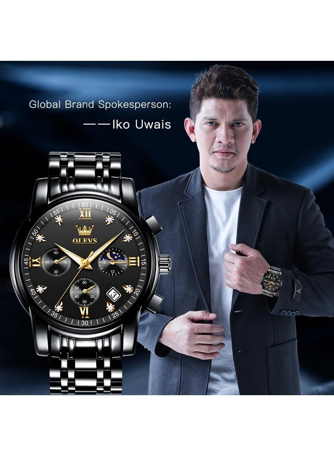 أوليفز ساعة OLEVS للرجال كرونوغراف ألماس كوارتز أسود بتقويم تاريخ ومرحلة القمر فاخرة من الفولاذ المقاوم للصدأ بلونين ومقاومة للماء وساعة عمل مضيئة - Image 2