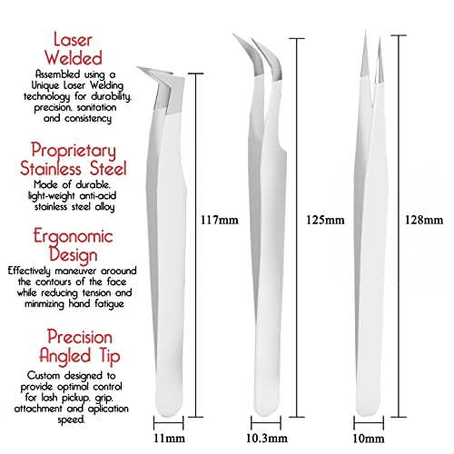 SIVOTE Lash Tweezers for Eyelash Extensions, Hand Calibrated Straight & Curved Tip, Pack of 3, White - Image 2