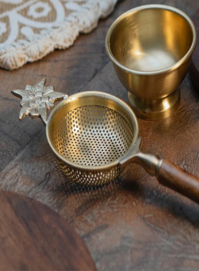 AMBI Gold Flower Matte Finish Brass Tea Medium Sized Strainer 2 Piece Set with Wooden Holder and Resting Pot - Image 3