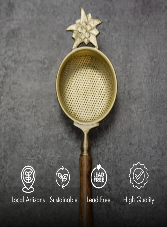 AMBI Gold Flower Matte Finish Brass Tea Medium Sized Strainer 2 Piece Set with Wooden Holder and Resting Pot - Image 5