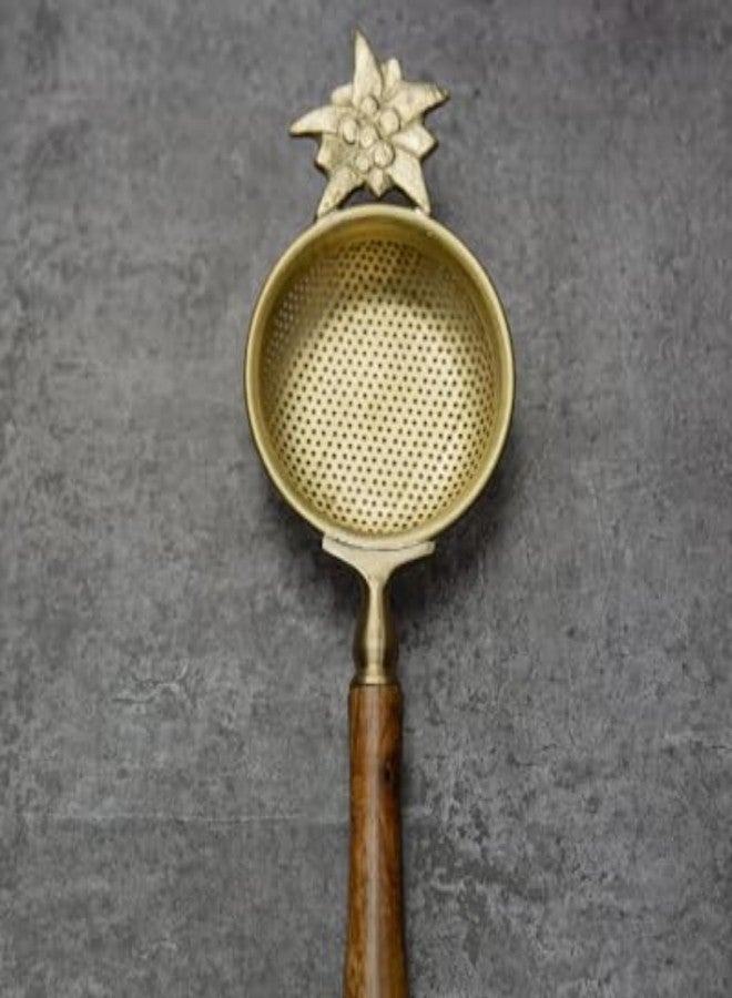 AMBI Gold Flower Matte Finish Brass Tea Medium Sized Strainer 2 Piece Set with Wooden Holder and Resting Pot - Image 2