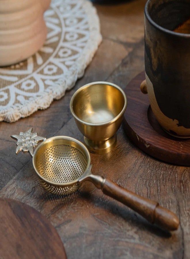 AMBI Gold Flower Matte Finish Brass Tea Medium Sized Strainer 2 Piece Set with Wooden Holder and Resting Pot - Image 1