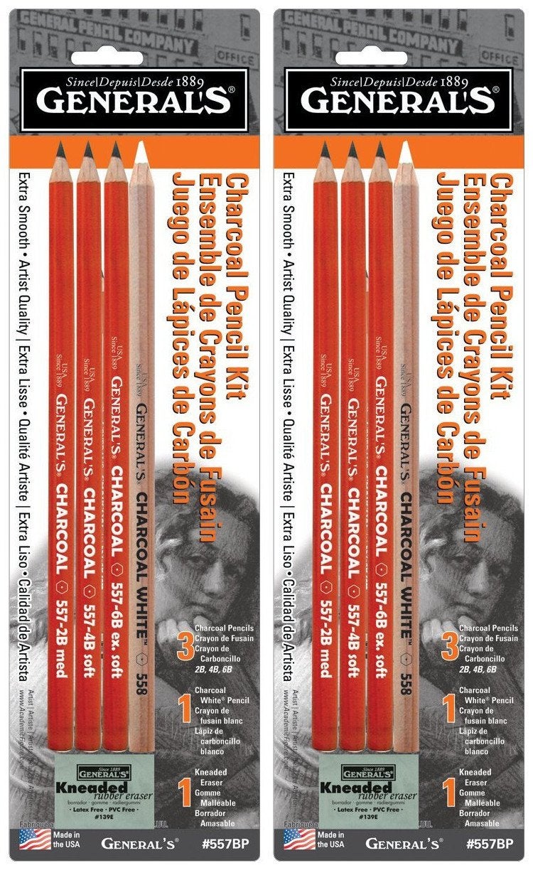General's 2Pack General Pencil 321742 557BP 4 Charcoal Pencil Kit with Eraser