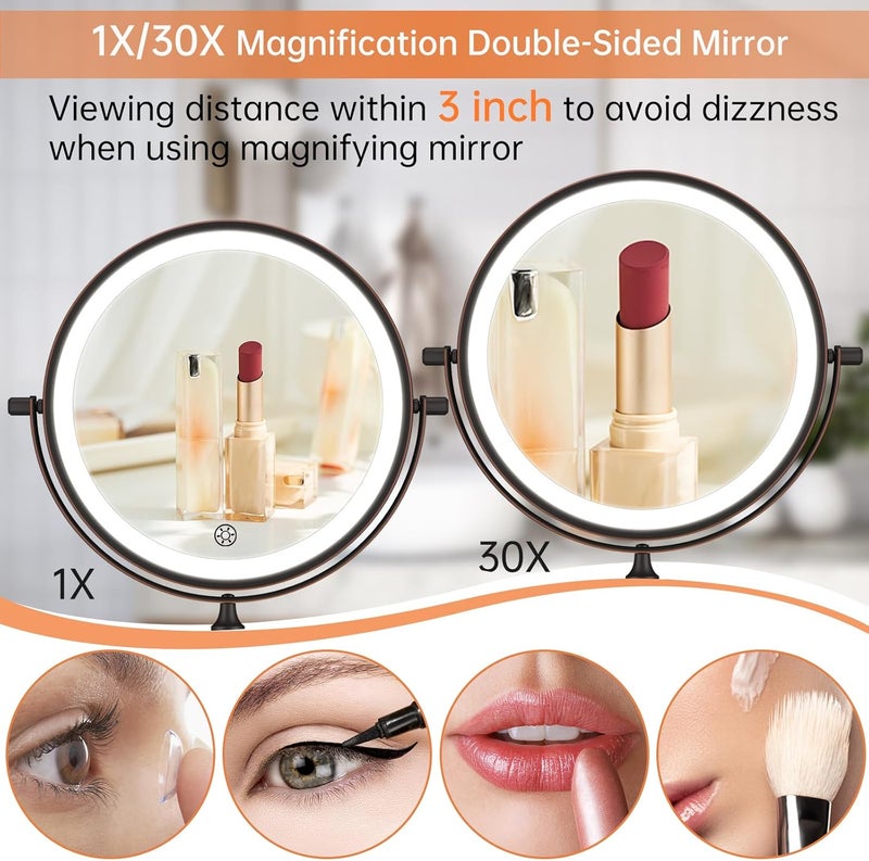 FUNTOUCH Rechargeable Wall Mounted Lighted Makeup Vanity Mirror, 8" Magnification Bathroom Mirror Double Sided 1X10X, 3 Color Lights, Extended Arm, Lighted Mirror with 360° Rotation - Image 3