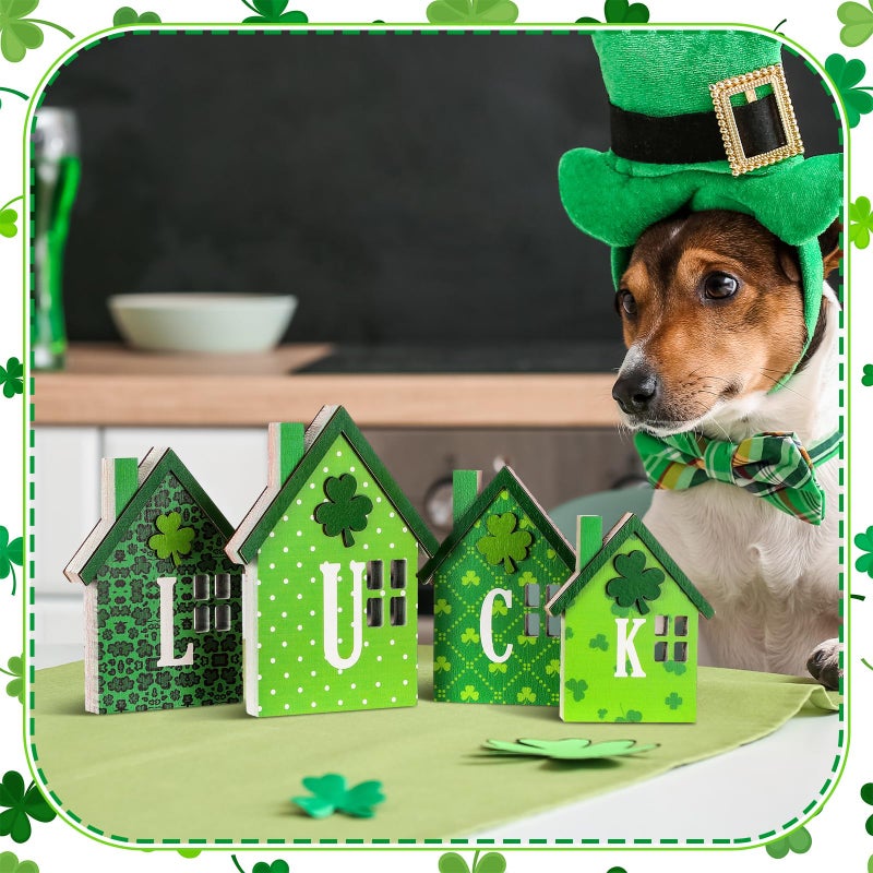 Yousoontic 4 Pcs Valentines Day Table Decoration St. Patrick's Day Double-Sided Wooden Love Luck Centerpiece Reversible House Tiered Tray Decor Red Pink Heart Green Shamrocks Sign for Party Indoor - Image 5