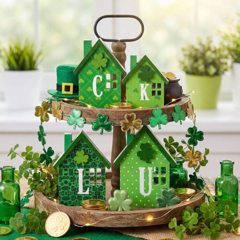 Yousoontic 4 Pcs Valentines Day Table Decoration St. Patrick's Day Double-Sided Wooden Love Luck Centerpiece Reversible House Tiered Tray Decor Red Pink Heart Green Shamrocks Sign for Party Indoor - Image 3