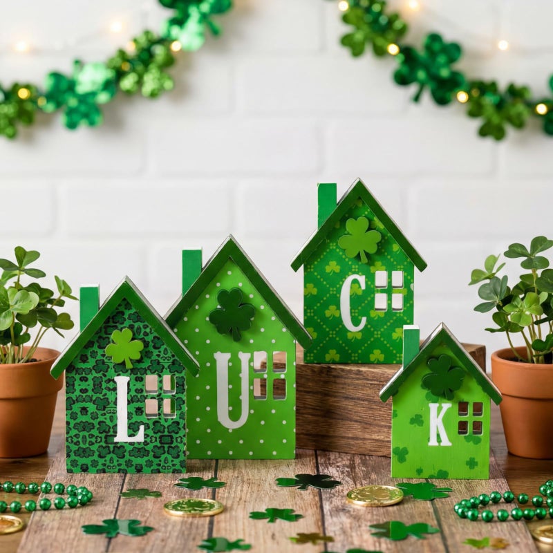 Yousoontic 4 Pcs Valentines Day Table Decoration St. Patrick's Day Double-Sided Wooden Love Luck Centerpiece Reversible House Tiered Tray Decor Red Pink Heart Green Shamrocks Sign for Party Indoor - Image 2