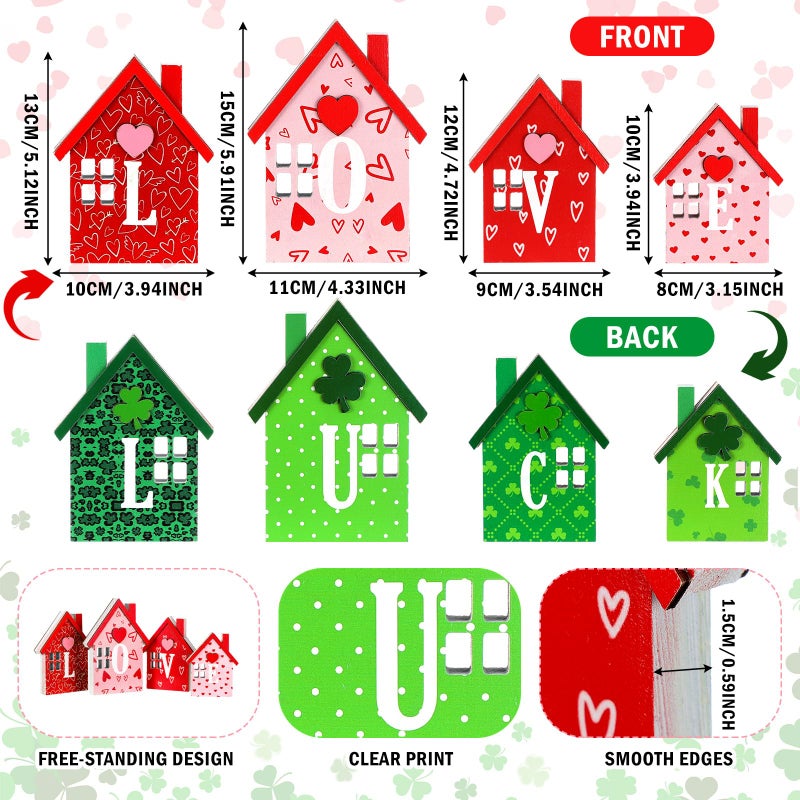 Yousoontic 4 Pcs Valentines Day Table Decoration St. Patrick's Day Double-Sided Wooden Love Luck Centerpiece Reversible House Tiered Tray Decor Red Pink Heart Green Shamrocks Sign for Party Indoor - Image 4