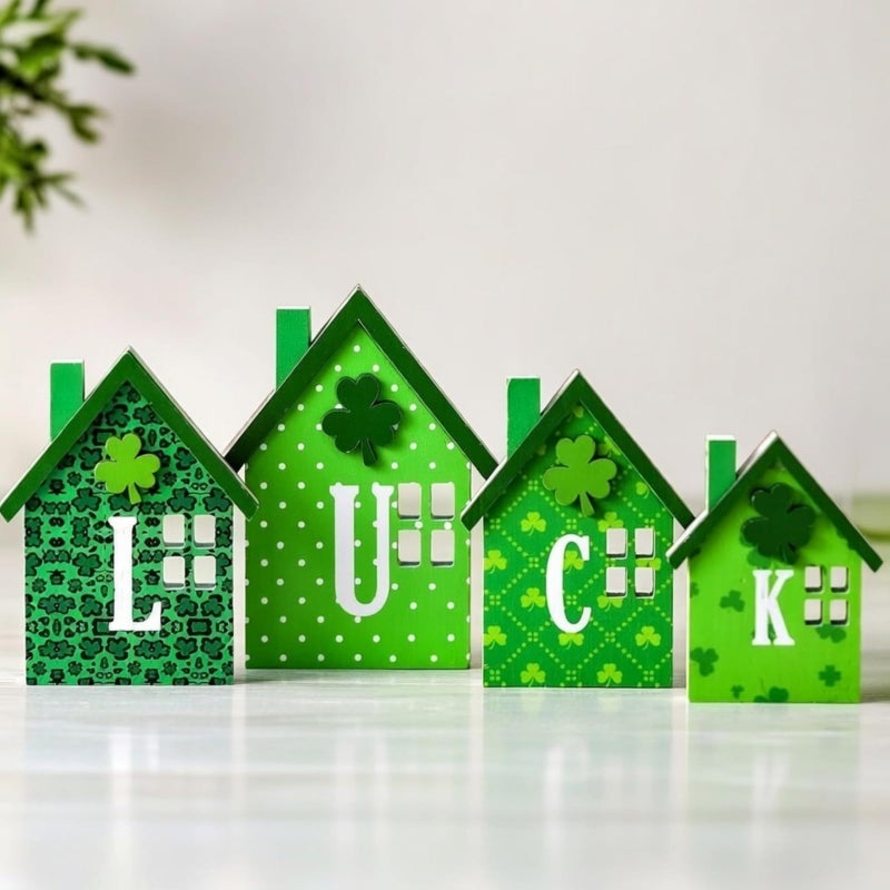 Yousoontic 4 Pcs Valentines Day Table Decoration St. Patrick's Day Double-Sided Wooden Love Luck Centerpiece Reversible House Tiered Tray Decor Red Pink Heart Green Shamrocks Sign for Party Indoor - Image 1