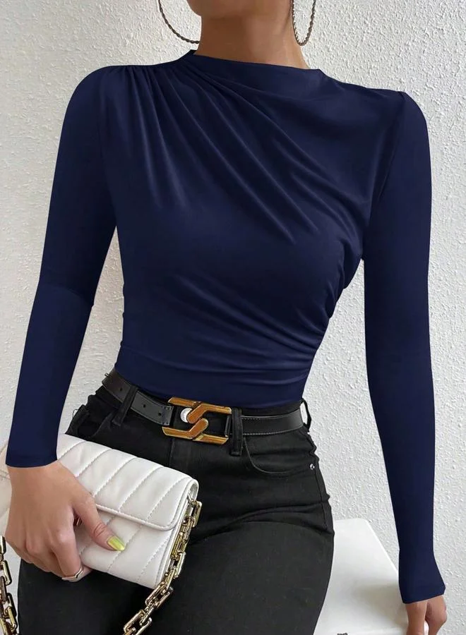 Take Two Navy Blue Ruched Long Sleeve Top
