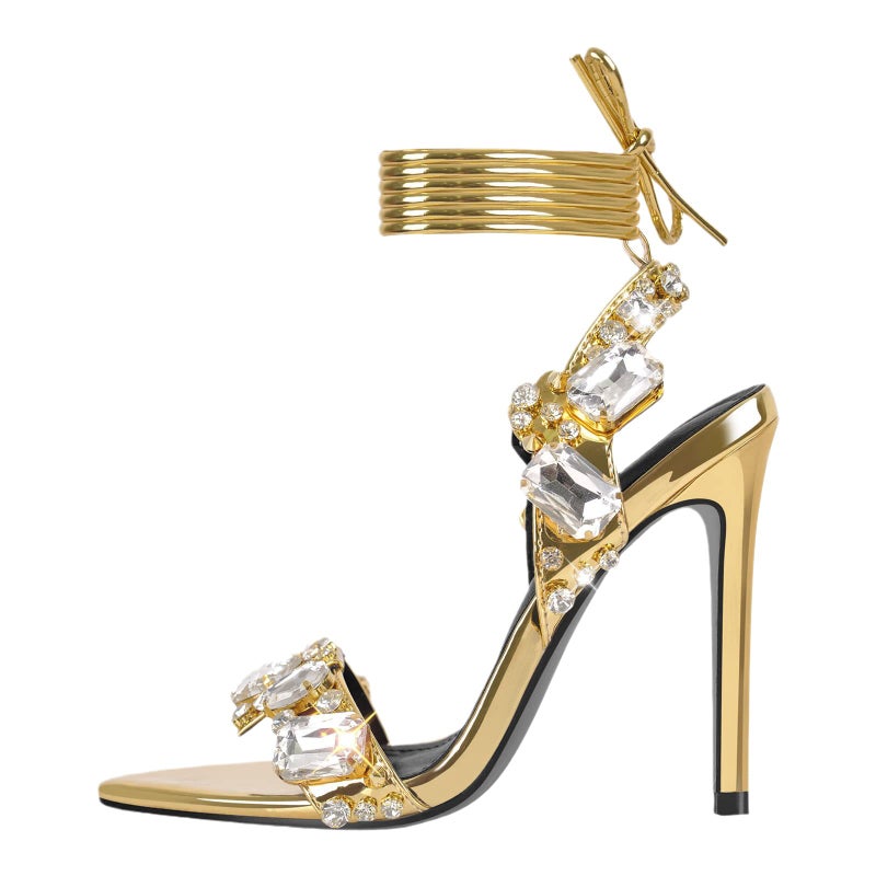 11Cm New Pointed Toe Gold Export Rivets Rhinestone Stiletto Heels Summer Sandals Fashion Large Size Shoes - Image 2
