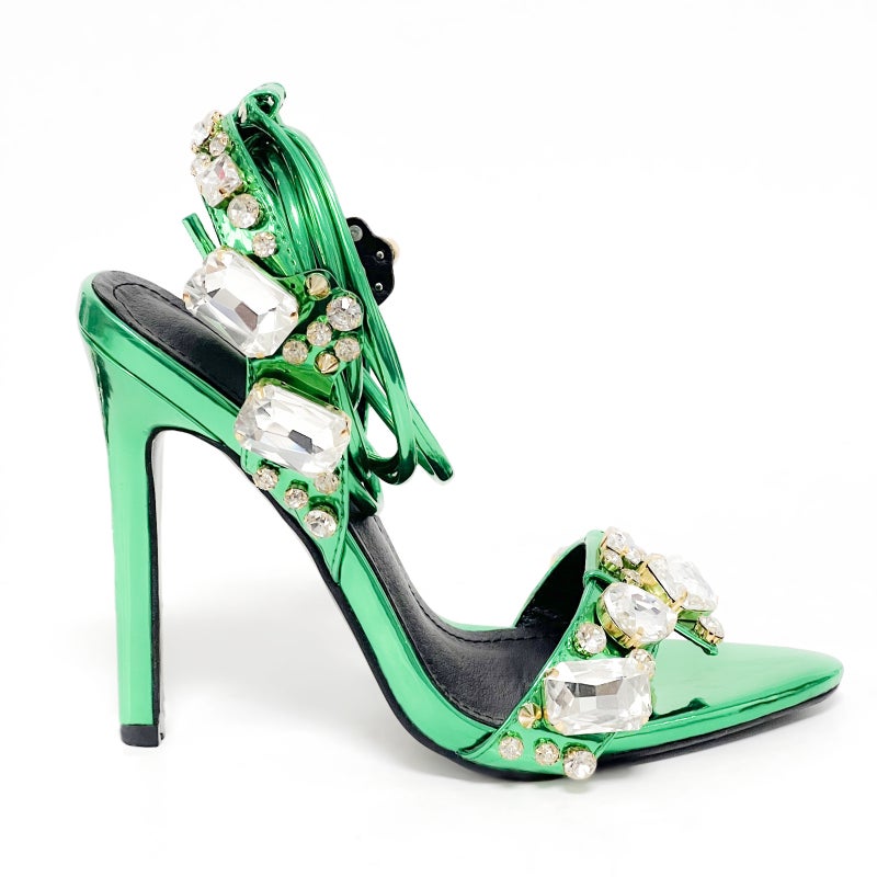11Cm New Pointed Toe Gold Export Rivets Rhinestone Stiletto Heels Summer Sandals Fashion Large Size Shoes - Image 1