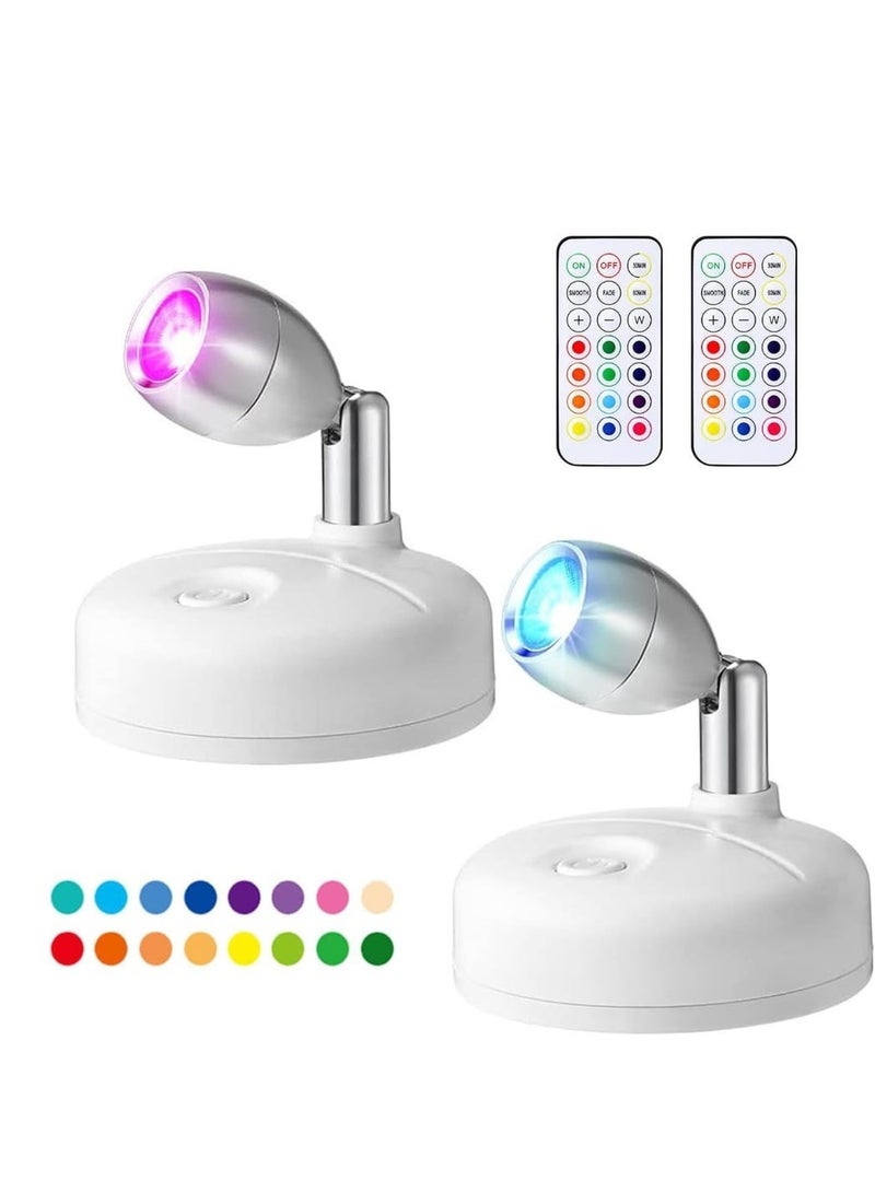 فورتي مصباحان LED لاسلكيان مع جهاز تحكم عن بعد، مصابيح RGB تعمل بالبطارية، مصابيح فنية داخلية للوحات الفنية، مصباح صغير متغير الألوان للصور، مصباح جداري صغير مع مؤقت ومخفت إضاءة، مناسب للممرات والخزائن وغرف النوم (أبيض) - Image 1