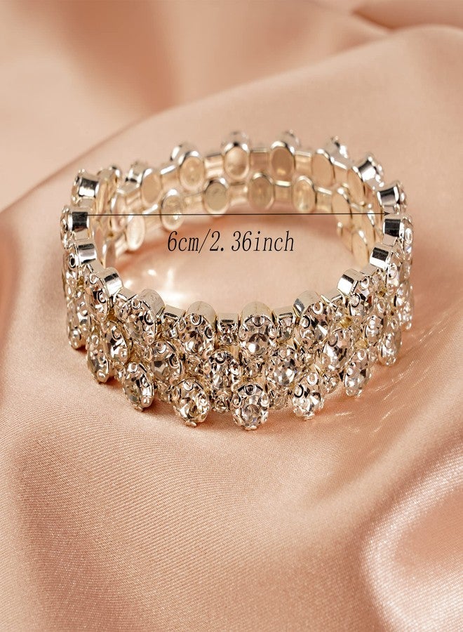 يرتير سوار زفاف فضي رقيق متعدد الطبقات مرصع بالكريستال، سوار معصم مرصع بأحجار الراين الكريستالية، سوار يد للعرائس (فضي - 3 صفوف من الكريستال) - Image 5