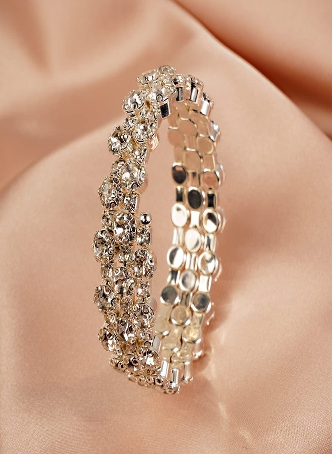 يرتير سوار زفاف فضي رقيق متعدد الطبقات مرصع بالكريستال، سوار معصم مرصع بأحجار الراين الكريستالية، سوار يد للعرائس (فضي - 3 صفوف من الكريستال) - Image 4