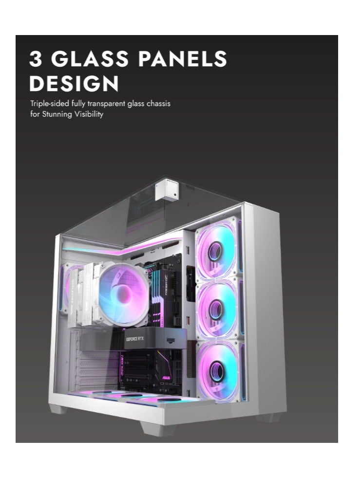 aigo Darkflash TH285 ATX/M-ATX/MINI-ITX Three Side Tempered Glass Gaming PC Case with 4*120 ARGB Pre-Installed Fans & LED Light Strip, Supports 360mm Radiator, USB 3.0 Port, 3*SSD/2*HDD PC Case- White - Image 2