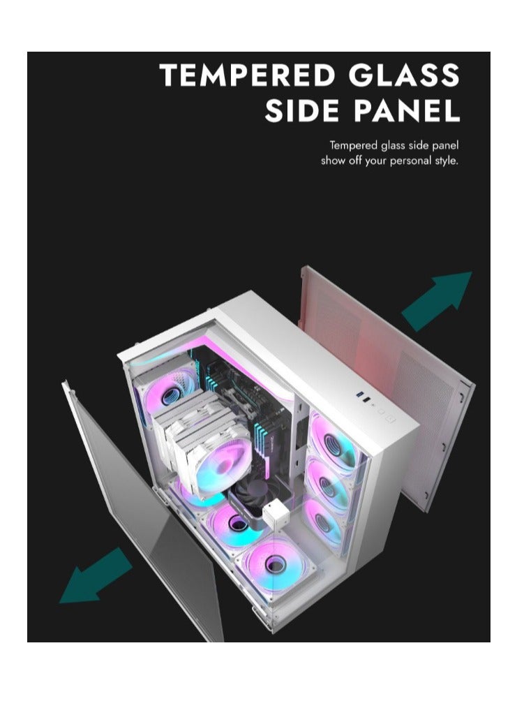 aigo Darkflash TH285 ATX/M-ATX/MINI-ITX Three Side Tempered Glass Gaming PC Case with 4*120 ARGB Pre-Installed Fans & LED Light Strip, Supports 360mm Radiator, USB 3.0 Port, 3*SSD/2*HDD PC Case- White - Image 3