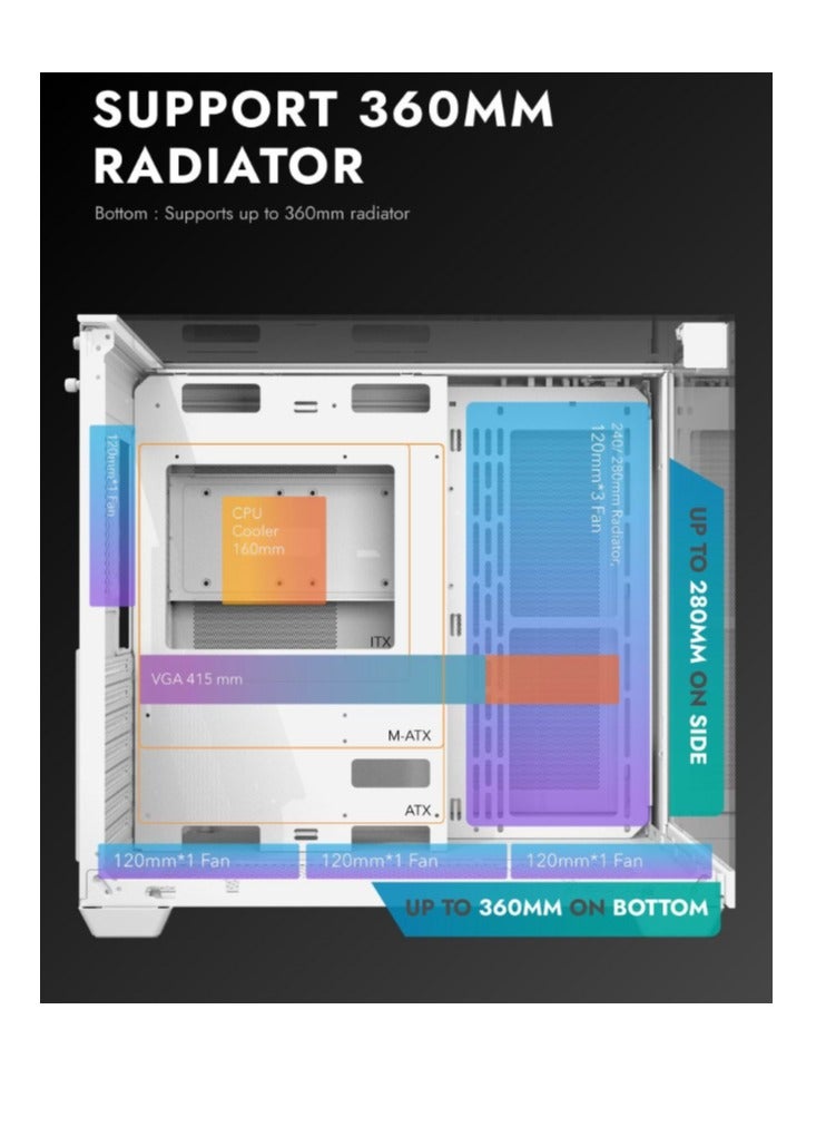 aigo Darkflash TH285 ATX/M-ATX/MINI-ITX Three Side Tempered Glass Gaming PC Case with 4*120 ARGB Pre-Installed Fans & LED Light Strip, Supports 360mm Radiator, USB 3.0 Port, 3*SSD/2*HDD PC Case- White - Image 4