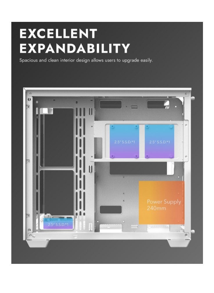 aigo Darkflash TH285 ATX/M-ATX/MINI-ITX Three Side Tempered Glass Gaming PC Case with 4*120 ARGB Pre-Installed Fans & LED Light Strip, Supports 360mm Radiator, USB 3.0 Port, 3*SSD/2*HDD PC Case- White - Image 5