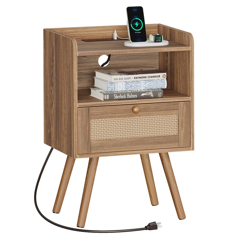 SUPERJARE Nightstand with Charging Station & Rattan-Like Decor Drawer, Rattan End Table with Solid Wood Feet, Bed Side Table with Open Storage, for Bedroom, Living Room, Dormitory, Walnut - Image 1