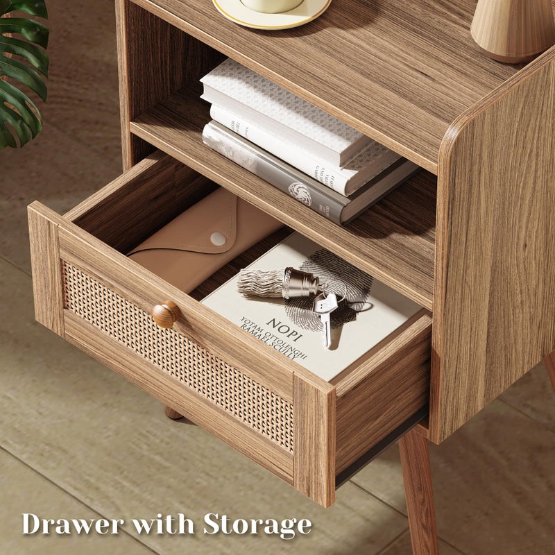 SUPERJARE Nightstand with Charging Station & Rattan-Like Decor Drawer, Rattan End Table with Solid Wood Feet, Bed Side Table with Open Storage, for Bedroom, Living Room, Dormitory, Walnut - Image 4