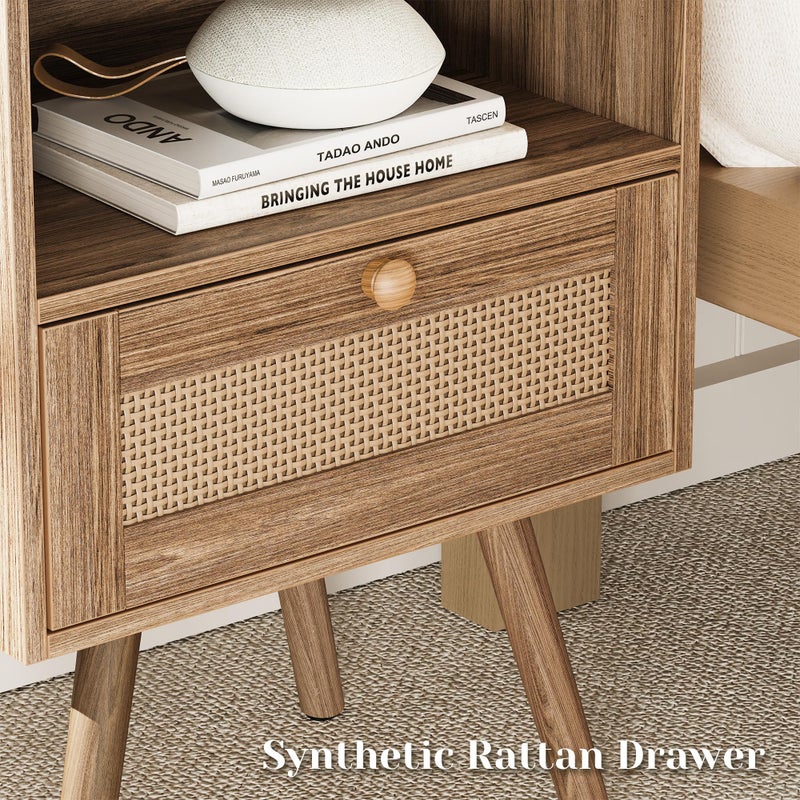 SUPERJARE Nightstand with Charging Station & Rattan-Like Decor Drawer, Rattan End Table with Solid Wood Feet, Bed Side Table with Open Storage, for Bedroom, Living Room, Dormitory, Walnut - Image 5