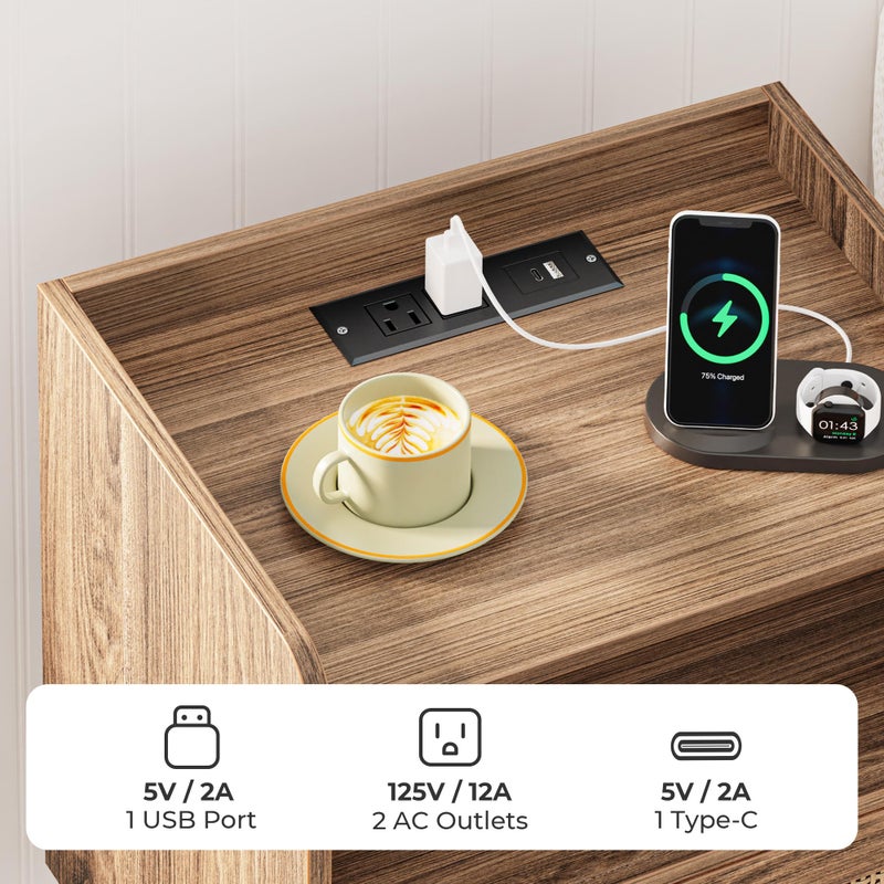 SUPERJARE Nightstand with Charging Station & Rattan-Like Decor Drawer, Rattan End Table with Solid Wood Feet, Bed Side Table with Open Storage, for Bedroom, Living Room, Dormitory, Walnut - Image 3