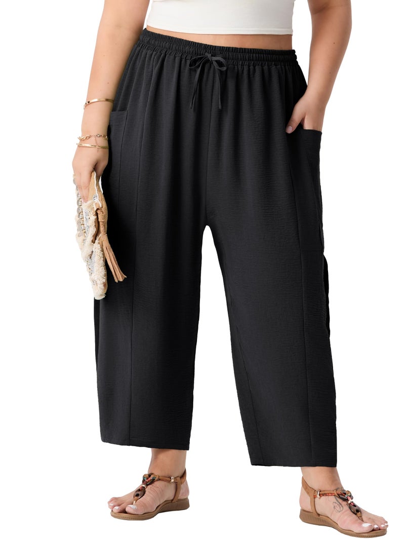OLRIK Plus Size Pants for Women â€“ High Waisted Wide Leg Cropped Boho Pants with Drawstring & Pockets Lightweight Flowy Summer Vacation 2026 Black-2X - Image 1