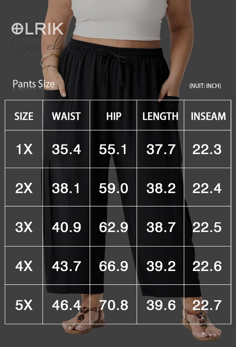 OLRIK Plus Size Pants for Women â€“ High Waisted Wide Leg Cropped Boho Pants with Drawstring & Pockets Lightweight Flowy Summer Vacation 2026 Black-2X - Image 5