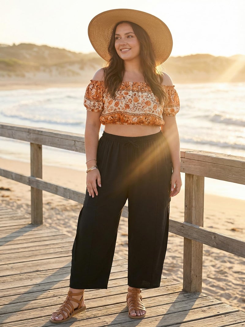 OLRIK Plus Size Pants for Women â€“ High Waisted Wide Leg Cropped Boho Pants with Drawstring & Pockets Lightweight Flowy Summer Vacation 2026 Black-2X - Image 4