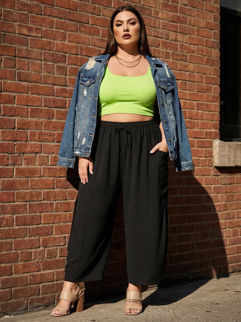 OLRIK Plus Size Pants for Women â€“ High Waisted Wide Leg Cropped Boho Pants with Drawstring & Pockets Lightweight Flowy Summer Vacation 2026 Black-2X - Image 2