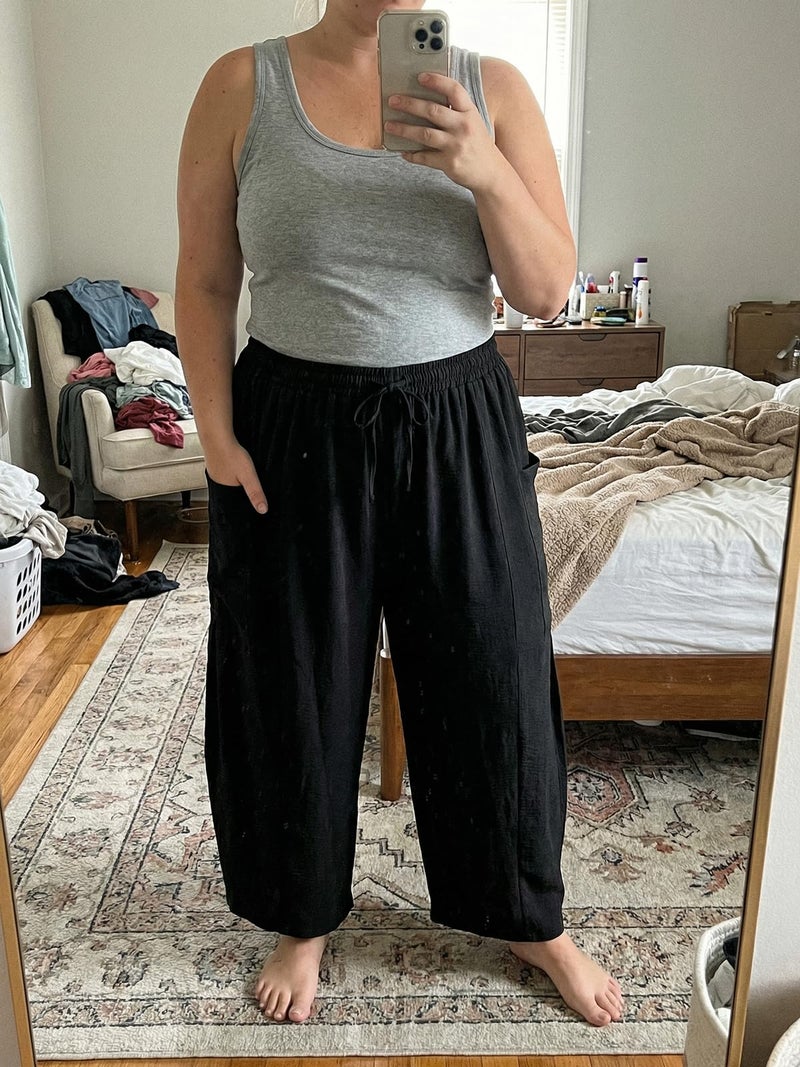 OLRIK Plus Size Pants for Women â€“ High Waisted Wide Leg Cropped Boho Pants with Drawstring & Pockets Lightweight Flowy Summer Vacation 2026 Black-2X - Image 3