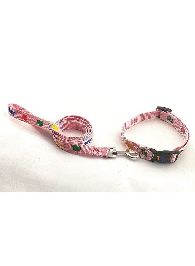 طوق ومقود للكلاب 15 مم مطبوع عليه طوق نايلون قابل للتعديل مع مقود سريع الفك ومجموعة طوق قابلة للتنفس مناسبة للكلاب والقطط (وردي) - Image 2