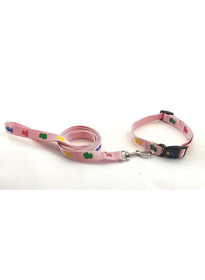 طوق ومقود للكلاب 15 مم مطبوع عليه طوق نايلون قابل للتعديل مع مقود سريع الفك ومجموعة طوق قابلة للتنفس مناسبة للكلاب والقطط (وردي) - Image 1