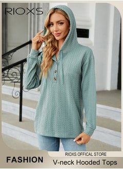 RIOXS Women's V-neck Button Long Sleeve Shirt Hooded Knitted Solid Color Jacquard Tops Soft and Comfortable Pullover Shirt  - Image 2