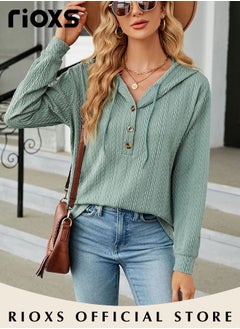 RIOXS Women's V-neck Button Long Sleeve Shirt Hooded Knitted Solid Color Jacquard Tops Soft and Comfortable Pullover Shirt  - Image 4