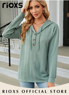 RIOXS Women's V-neck Button Long Sleeve Shirt Hooded Knitted Solid Color Jacquard Tops Soft and Comfortable Pullover Shirt  - Image 3