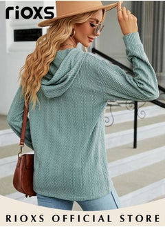 RIOXS Women's V-neck Button Long Sleeve Shirt Hooded Knitted Solid Color Jacquard Tops Soft and Comfortable Pullover Shirt  - Image 5