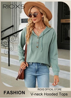 RIOXS Women's V-neck Button Long Sleeve Shirt Hooded Knitted Solid Color Jacquard Tops Soft and Comfortable Pullover Shirt  - Image 1