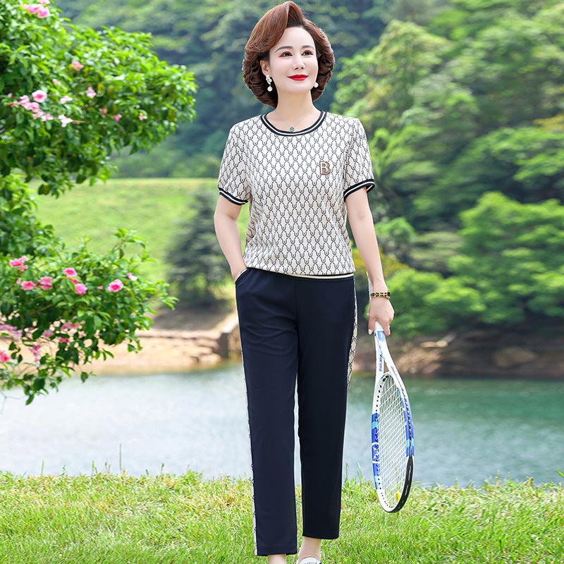 Mothers Summer Dress Round Neck suit Middle-aged Western Style Short-sleeved Top Womens Summer Casual Sportswear Two-piece Set for Middle-aged and Elderly navy blue suit