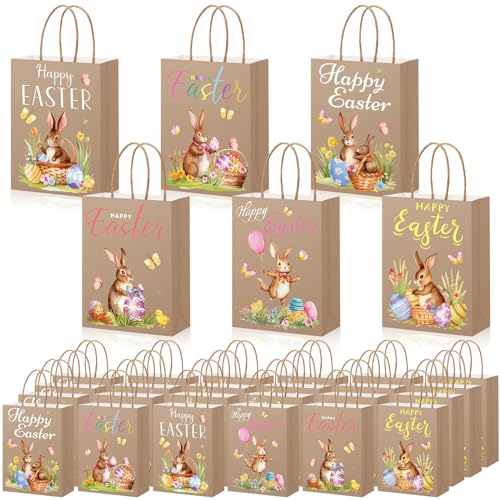 Capoda 24 Pieces Easter Gift Bags Kraft Paper Bunny Treat Bags with Handles Candy Goodie Decorated with Happy Easter Egg Hunt and Chicks Pattern for Kids Spring Party - Image 1