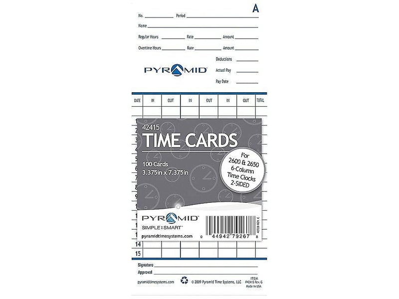 Pyramid Time Systems - Genuine and Authentic Spanish Time Cards (42415S) for Pyramid Models 2500, 2500k1, 2660 and 2600 Time Clocks, Two sided Time sheets with 3.38" W x 7.44" H - 100 Time cards - Image 3