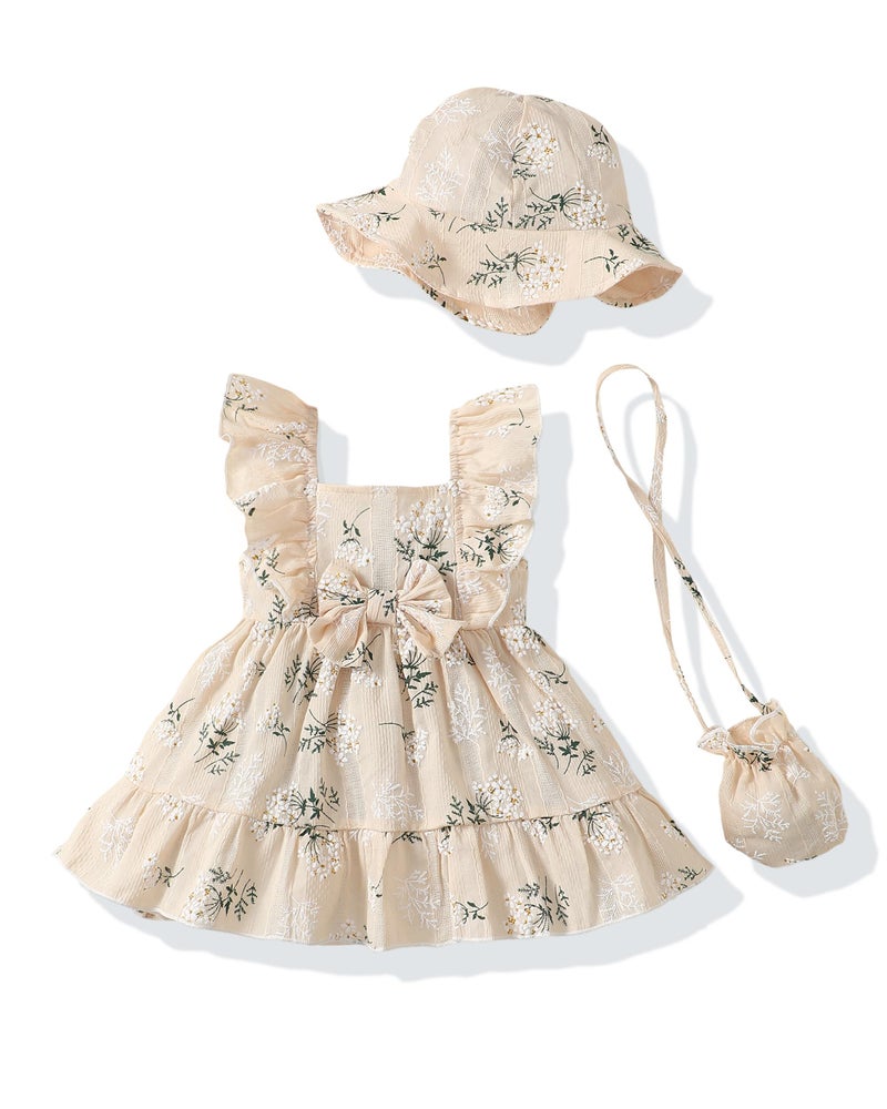 Renotemy Baby Girl Dress Summer Outfits Infant Boho Beige Flower Casual Floral Sundress with Hat and Bag Sleeveless Princess Party Beach Vintage Dresses Baby Girl Clothes 3-6 Months - Image 1