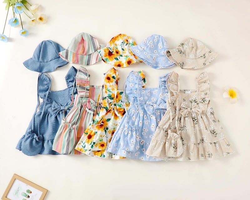Renotemy Baby Girl Dress Summer Outfits Infant Boho Beige Flower Casual Floral Sundress with Hat and Bag Sleeveless Princess Party Beach Vintage Dresses Baby Girl Clothes 3-6 Months - Image 4