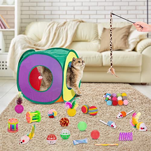 Retro Shaw Cat Toys Bundle 33 Pack, Interactive Kitten Toys for Indoor Cats Kitty with Collapsible Play Tunnel Tube Tent Feather Wand Teaser Bell Fuzzy Ball Springs Mouse Toy - Image 4