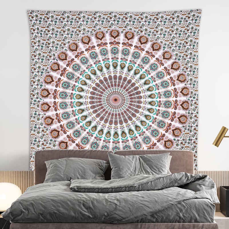 Bless International Handmade Indian hippie Bohemian Psychedelic Peacock Mandala Wall hanging College Dorm Beach Throws Table Cloth Bedding Tapestry (Floral Gold, Queen(84x90Inches)(215x230Cms)) - Image 2