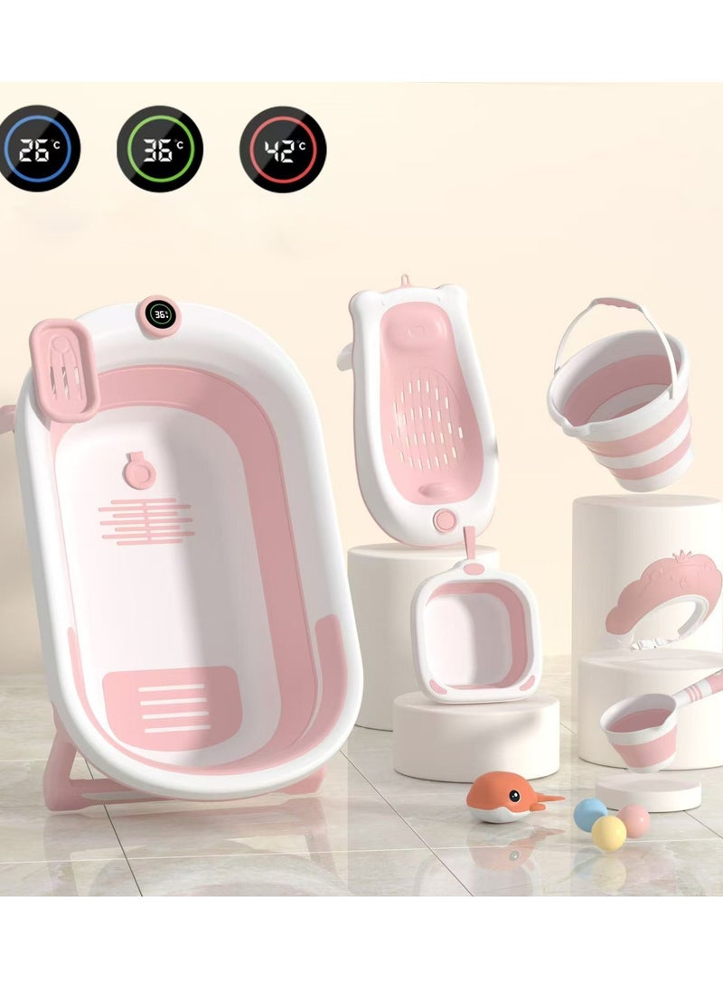 شي ون طقم استحمام أطفال 8 في 1 قابل للطي مع شاشة حرارة رقمية من SHEE ONE | حوض استحمام للأطفال مع مسند وسطل وكوب وألعاب | تصميم آمن ومثالي للمواليد حتى 3 سنوات | لون وردي  - Image 1