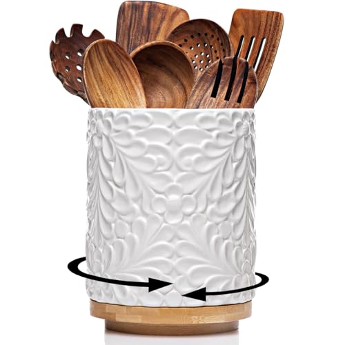 25DOL Extra Large 360° Rotating Utensil Holder for Kitchen Counter, 8.3” Cooking Utensil Holder for Countertop with Bamboo Base, White Ceramic Utensil Crock Canister for Cooking Utensils - Engraved Design - Image 1