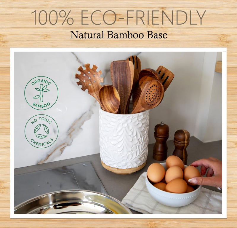 25DOL Extra Large 360° Rotating Utensil Holder for Kitchen Counter, 8.3” Cooking Utensil Holder for Countertop with Bamboo Base, White Ceramic Utensil Crock Canister for Cooking Utensils - Engraved Design - Image 4